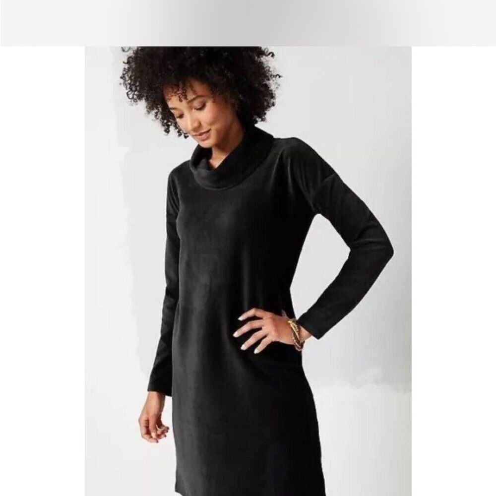 PureJill Black Long Sleeve Corded Velour Mock Cowl Neck Dress Size M Petite - Picture 1 of 4